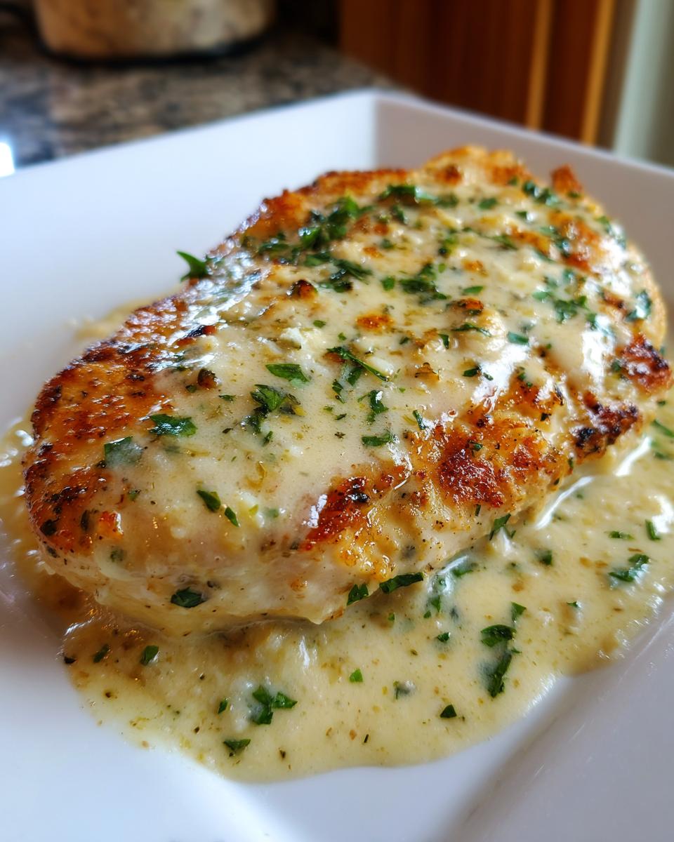 Close-up of a pan-seared chicken breast smothered in a rich, creamy lemon sauce and sprinkled with fresh parsley.