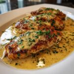 Three pan-seared chicken breasts covered in a rich, creamy lemon sauce and topped with fresh parsley.