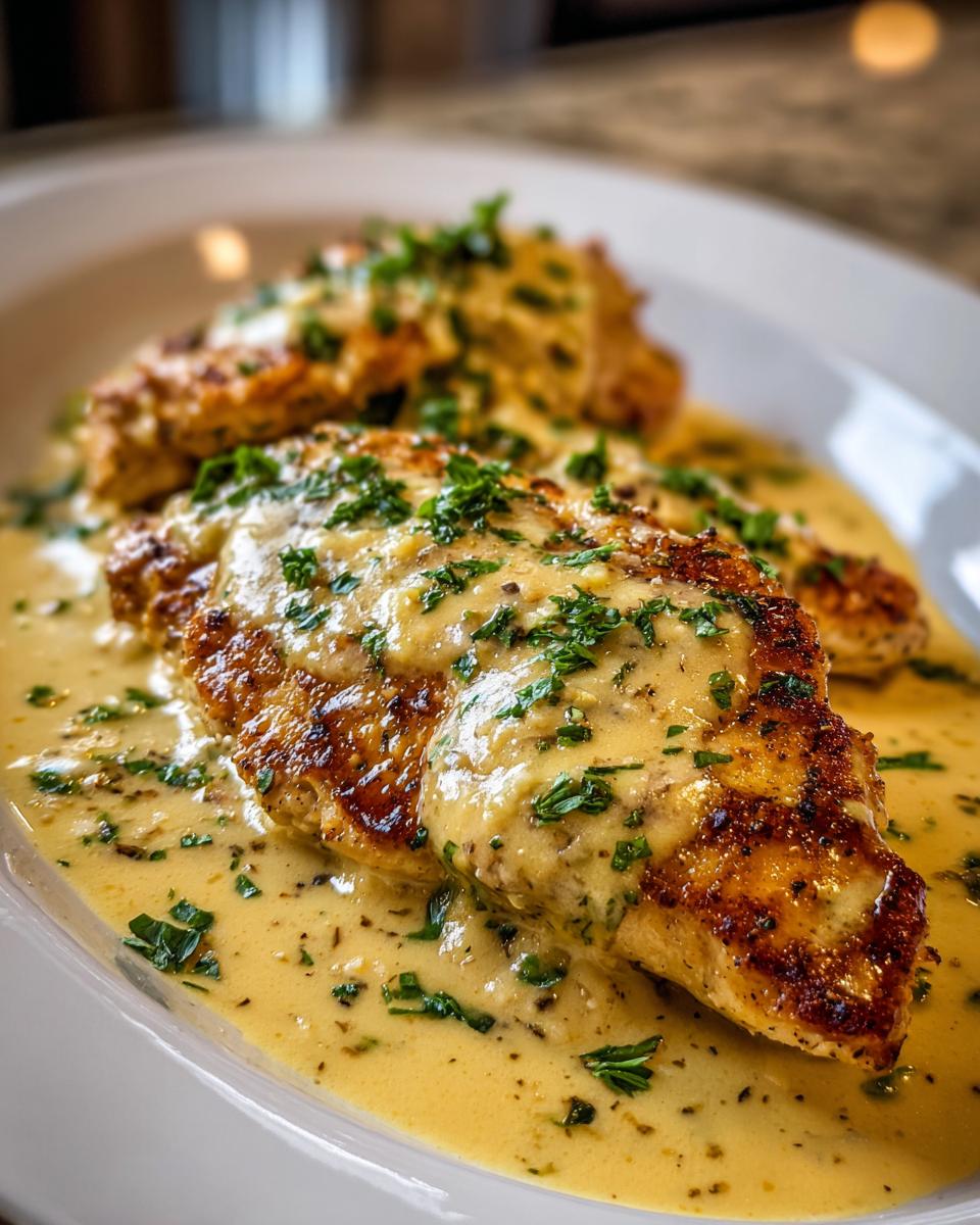 Close-up of pan-seared chicken breasts smothered in a rich, creamy lemon sauce and topped with fresh parsley.