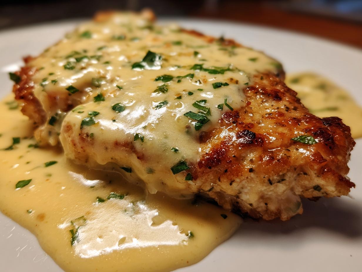 Close-up of pan-seared chicken breast smothered in a rich, creamy lemon sauce and garnished with fresh parsley.