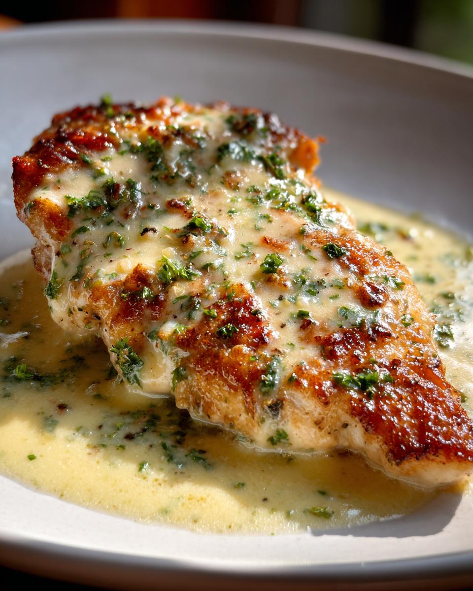 Close-up of a seared chicken breast smothered in creamy lemon sauce and fresh parsley.