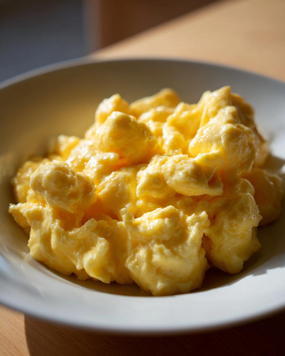 Close-up of fluffy, creamy scrambled eggs served in a white bowl, highlighting their rich yellow color.