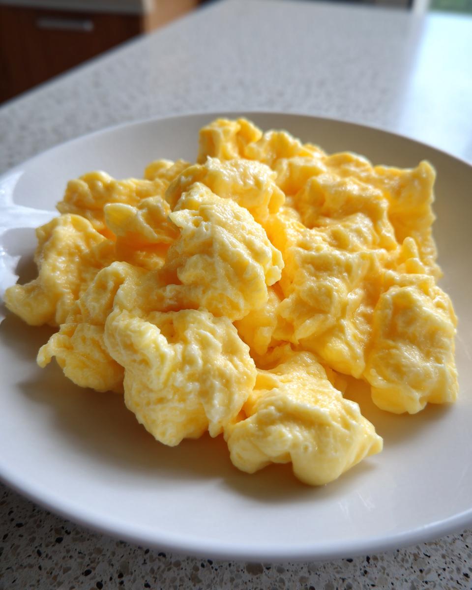 A close-up of fluffy, creamy scrambled eggs served on a white round plate.