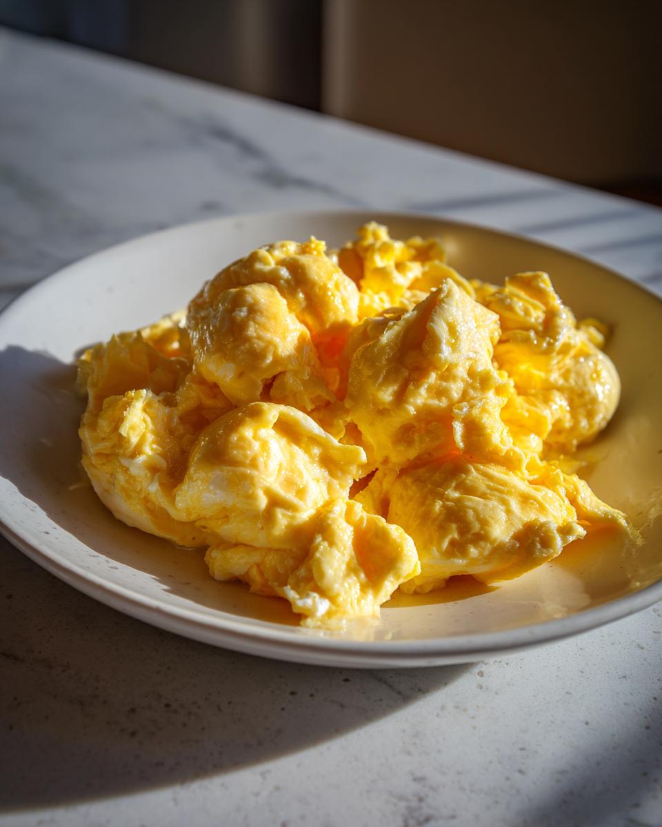 A close-up of fluffy, creamy scrambled eggs served on a light-colored speckled plate, illuminated by bright sunlight.