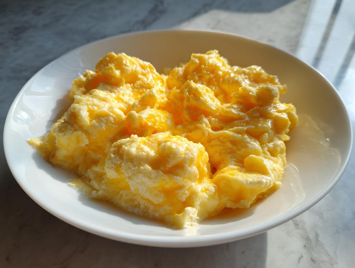 A close-up of fluffy, creamy scrambled eggs served in a white bowl, highlighted by natural sunlight.