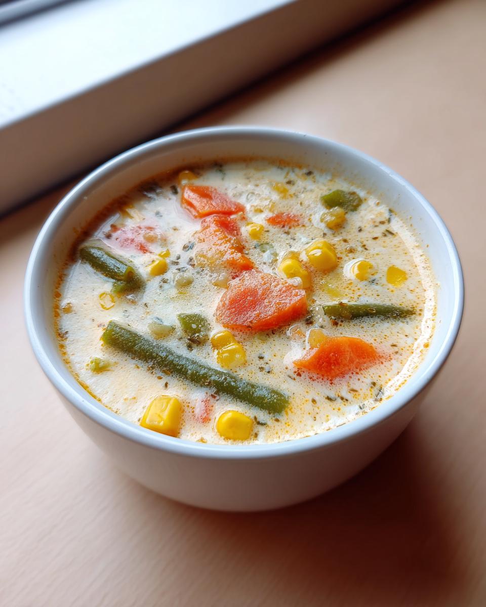 Close-up of a creamy vegetable soup featuring bright orange carrots, green beans, and yellow corn kernels.