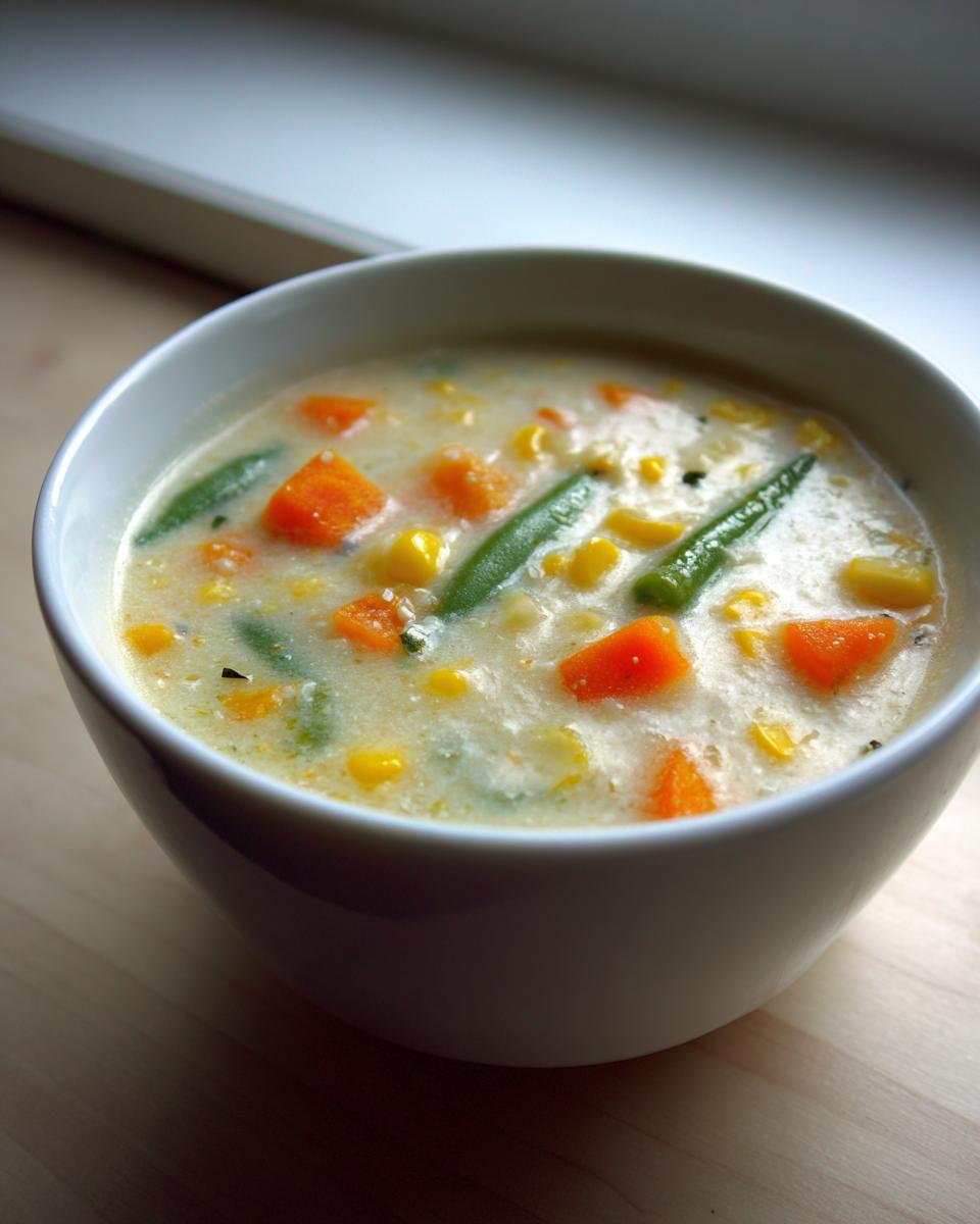 Close-up of a creamy vegetable soup featuring bright orange carrots, yellow corn, and green beans in a white bowl.