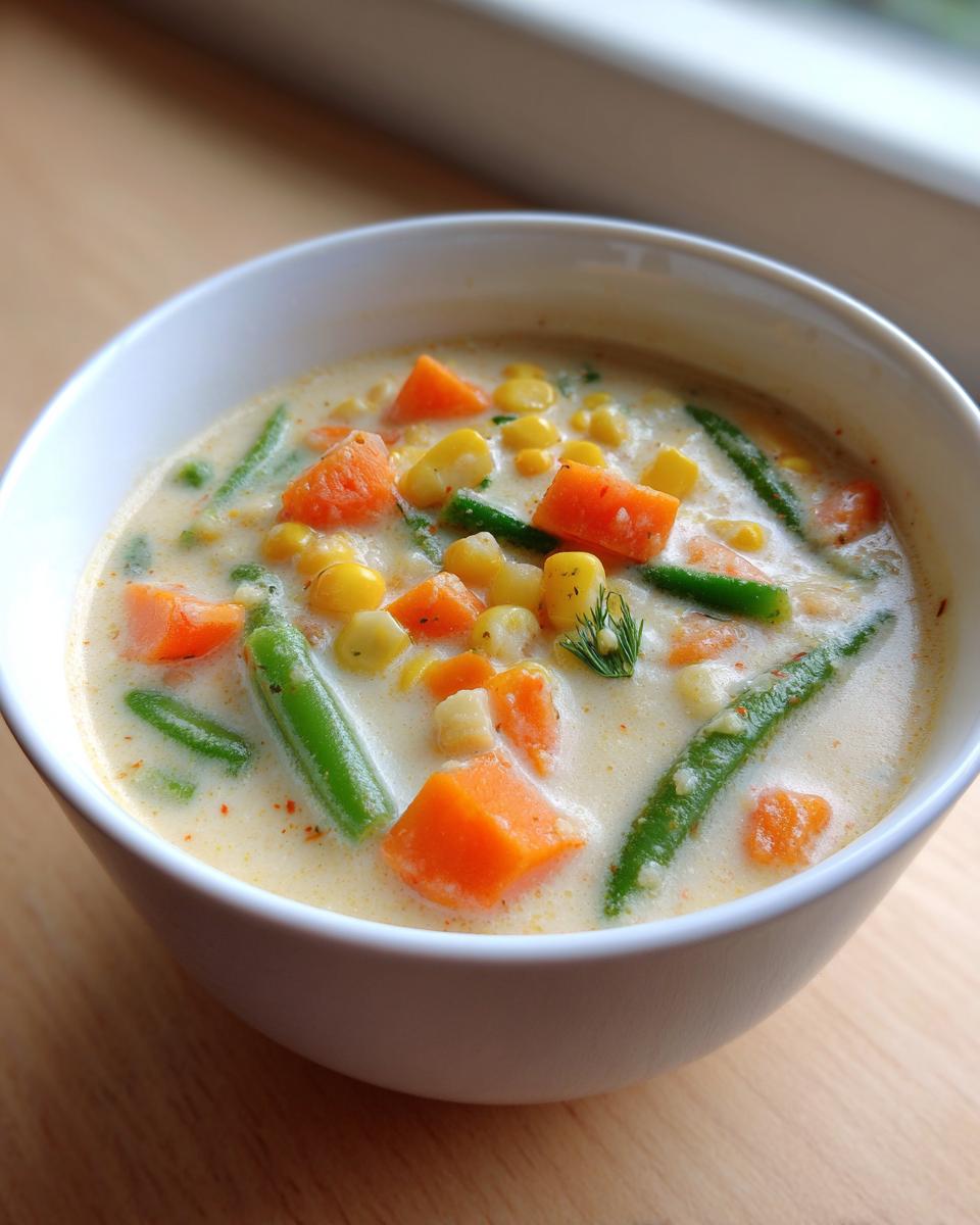 Close-up of a creamy vegetable soup featuring bright orange carrots, yellow corn, and green beans in a white bowl.