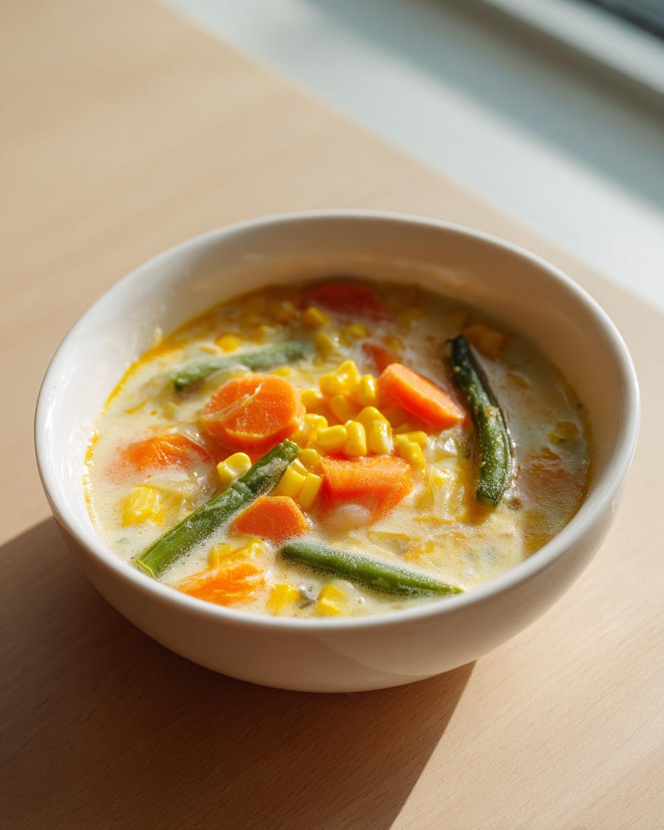 A white bowl filled with creamy vegetable soup featuring bright yellow corn, orange carrots, and green beans, sitting on a light wooden surface.