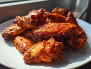 A pile of deeply glazed, crispy chicken wings with a vibrant orange-red color, served on a white plate.