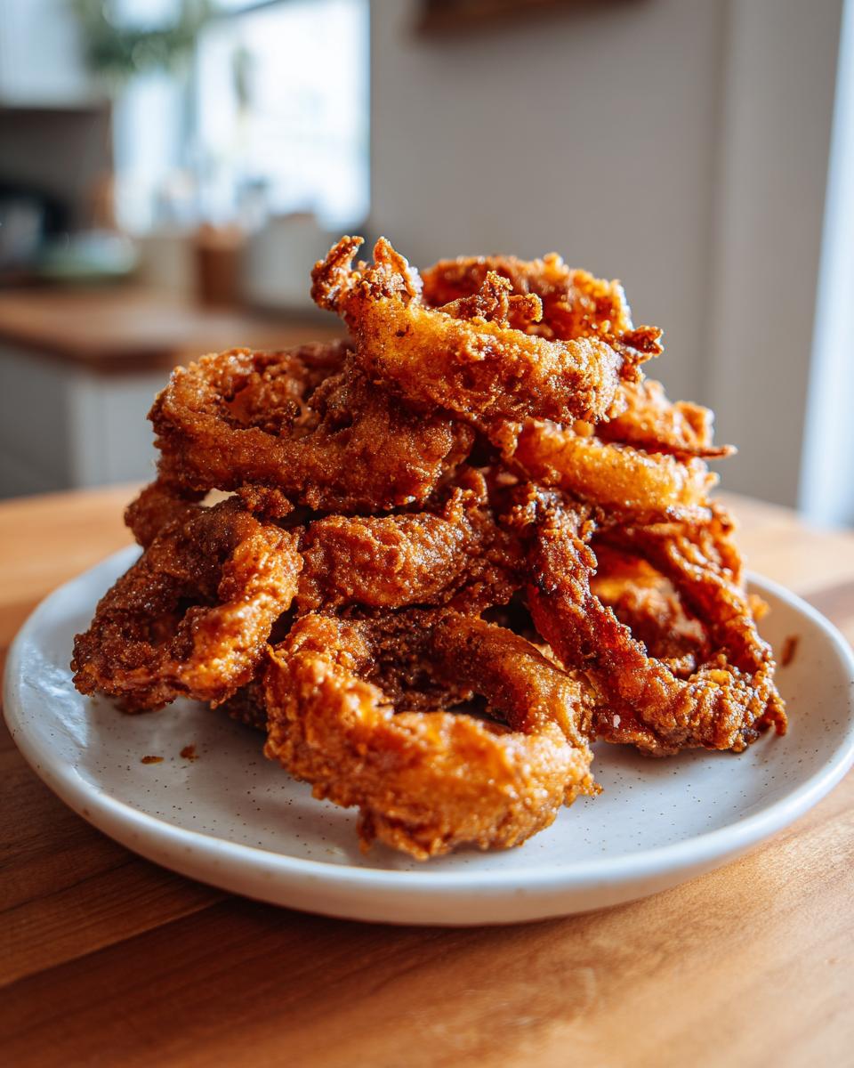 A tall pile of golden brown, crispy onion rings stacked high on a speckled white plate.