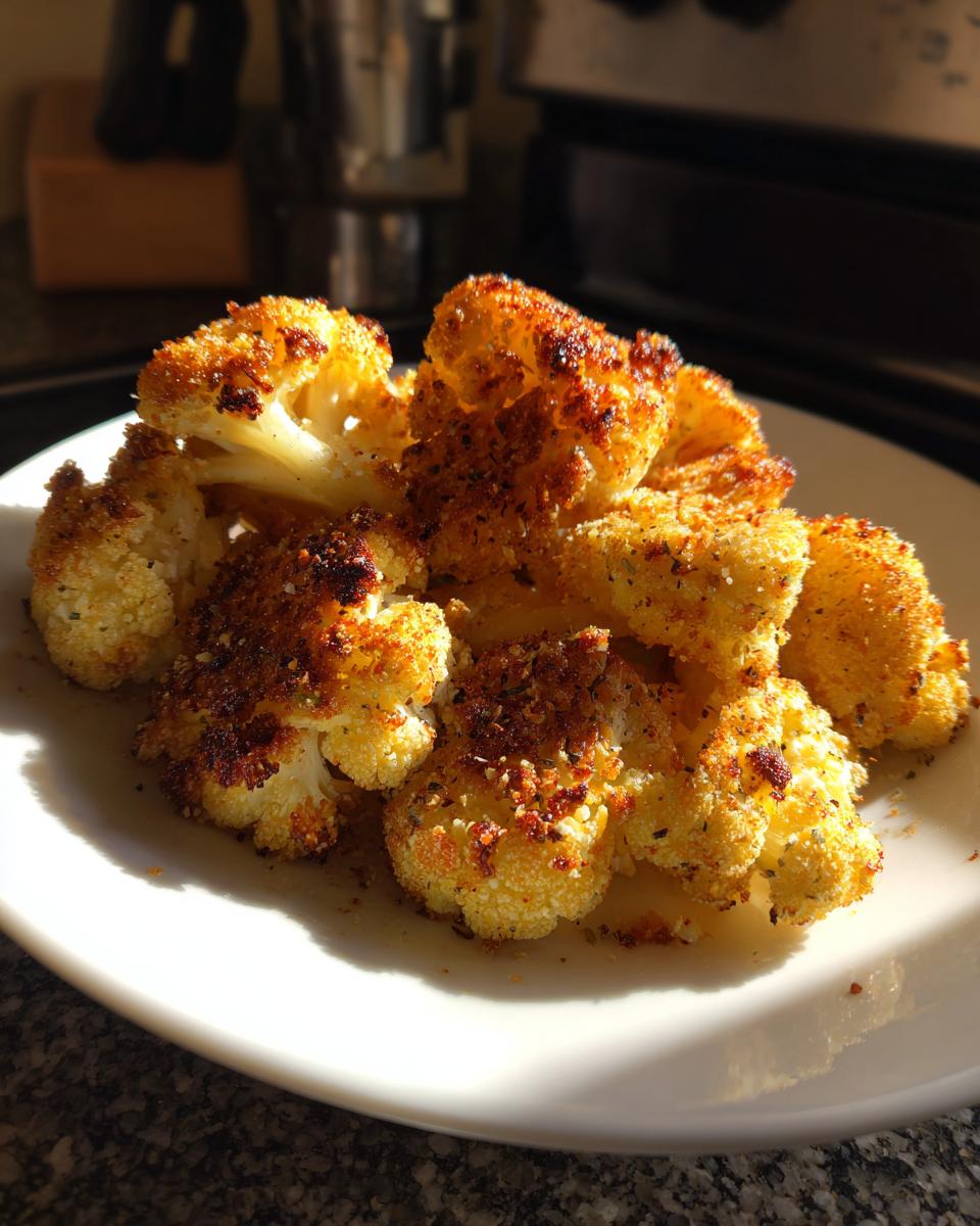 Close-up of golden brown, crispy parmesan roasted cauliflower florets piled on a white plate.