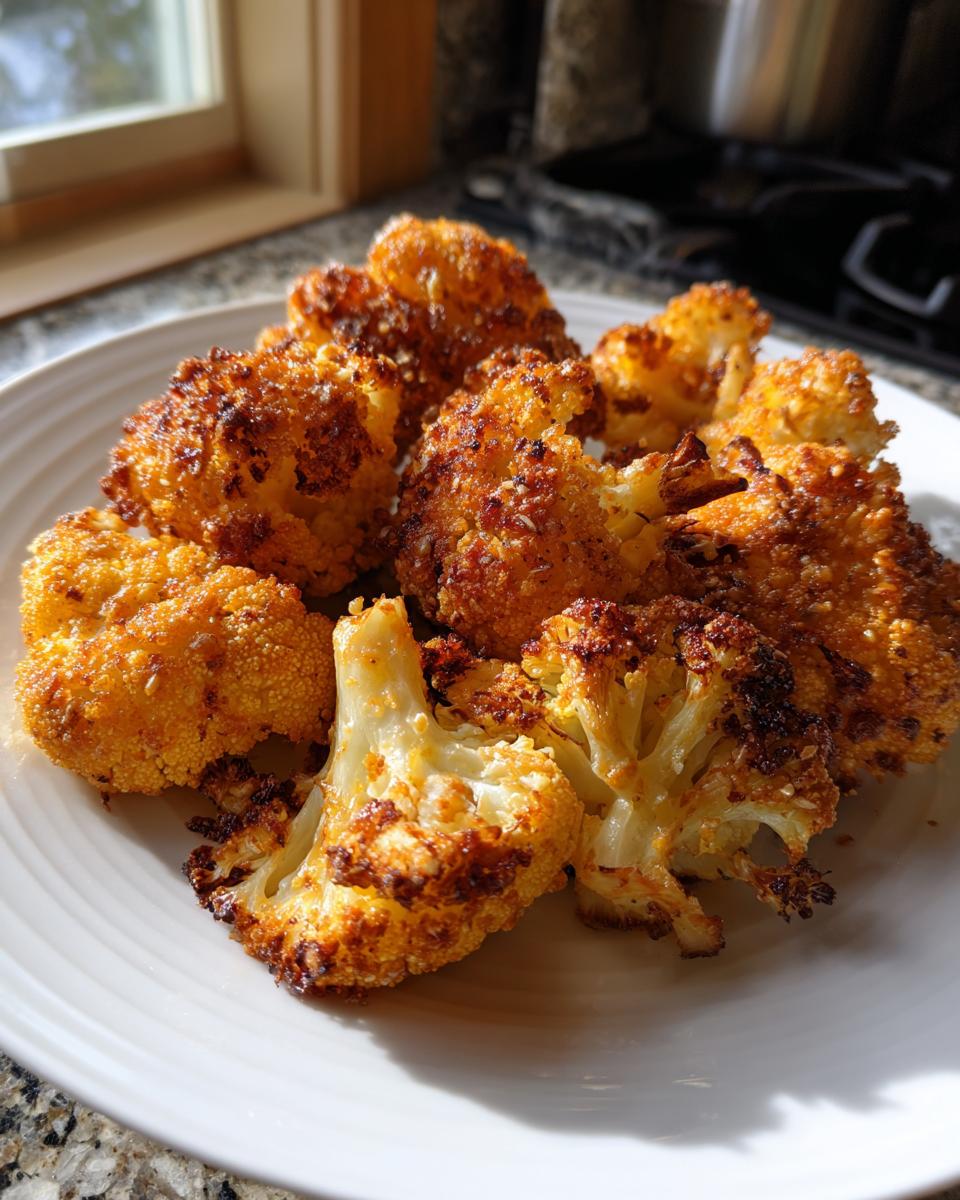 A white plate filled with golden brown, crispy parmesan roasted cauliflower florets.