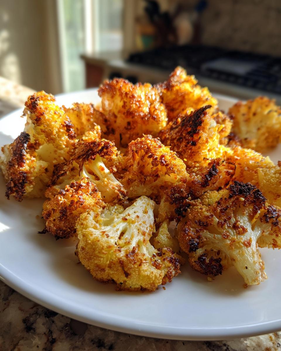 Close-up of golden, crispy parmesan roasted cauliflower florets piled on a white plate.