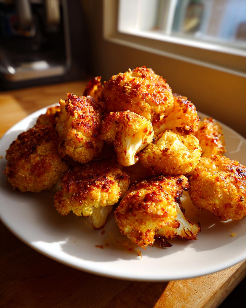 A pile of golden brown, crispy parmesan roasted cauliflower florets served on a white plate.