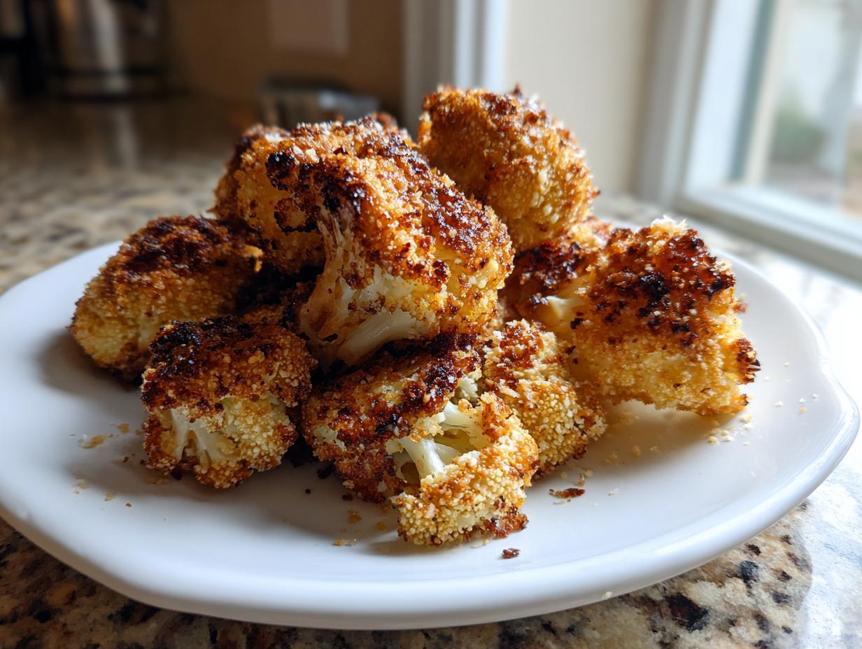 A pile of golden brown, crispy parmesan roasted cauliflower florets served on a white plate.