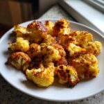 A white plate filled with golden brown, crispy parmesan roasted cauliflower florets, perfectly browned.