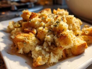 A close-up of delicious Crock Pot Stuffing on a white plate, sprinkled with fresh herbs.