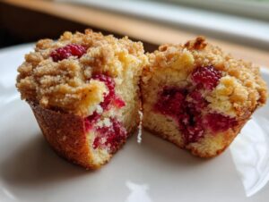 A close-up of a crumb-topped raspberry muffin cut in half, showing the moist interior and bright red raspberries.