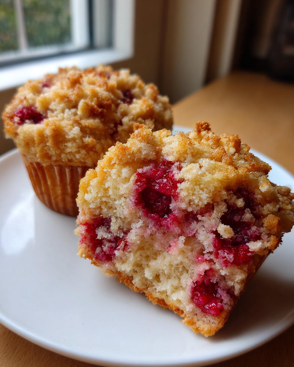 Close-up of a halved raspberry muffin showing moist crumb and bright red raspberries, with a whole muffin behind it.