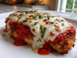 A close-up of a breaded chicken breast topped with melted mozzarella, marinara sauce, and fresh parsley, representing easy chicken Parmesan.