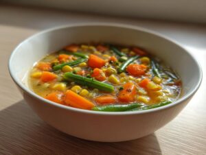 Close-up of a white bowl filled with chunky vegetable soup featuring carrots, corn, and green beans.