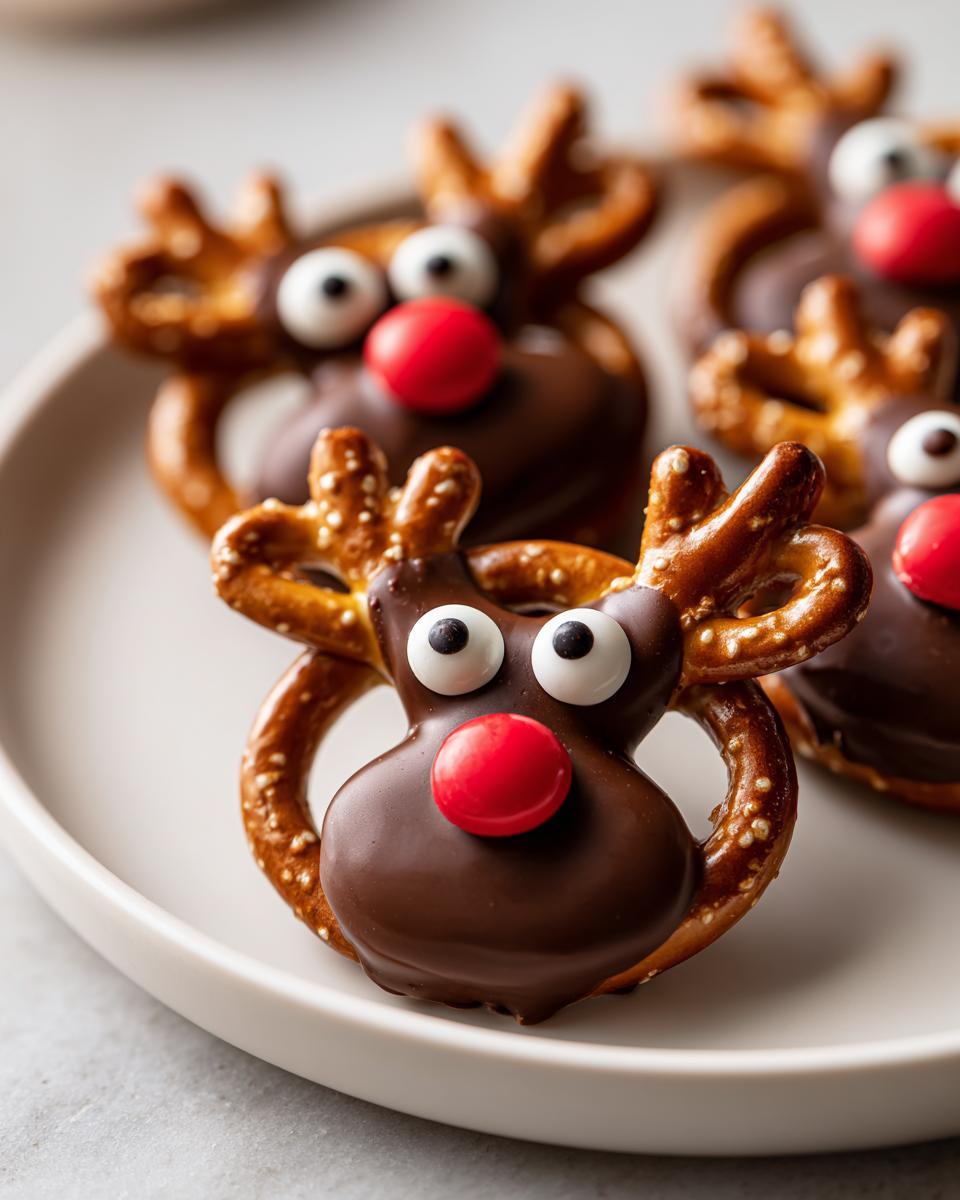 Close-up of several chocolate-dipped Reindeer Pretzels featuring candy eyes and red candy noses on a light plate.
