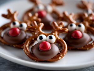 Close-up of several festive Reindeer Pretzels made with pretzels, chocolate, candy eyes, and red candy noses.