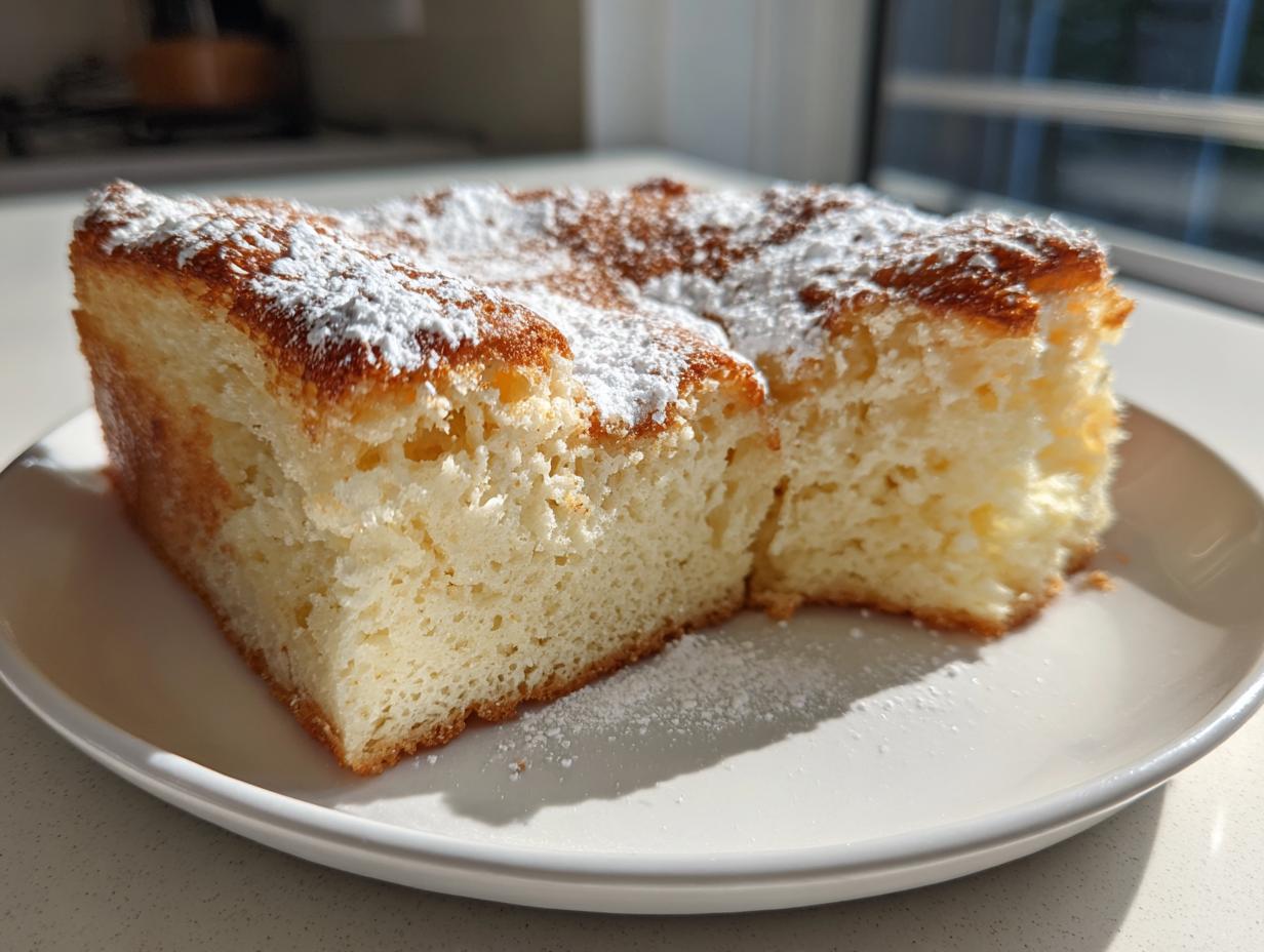 A close-up of a fluffy slice of yogurt cloud cake dusted with powdered sugar on a white plate.