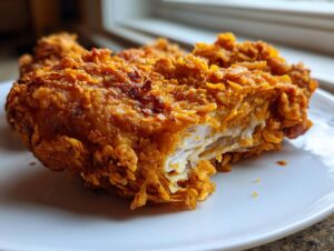 Close-up of crispy fried chicken coated in a textured, orange crust, likely made using potato flake recipes.