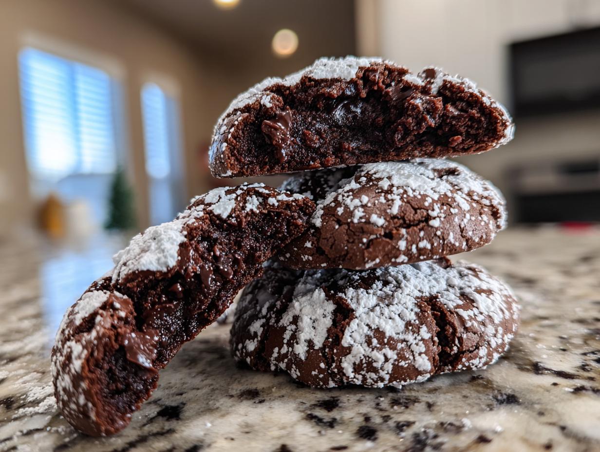 A stack of three fudgy crinkle cookies dusted with powdered sugar, with the top one broken to show the gooey interior.