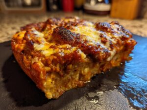 A close-up, macro shot of a slice of the rich Garlic Parmesan Chicken Bake with a bubbly, browned cheese topping.