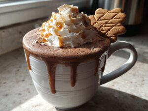 A steaming mug of Gingerbread Hot Chocolate topped with whipped cream, caramel drizzle, and a gingerbread cookie.