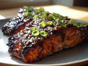 Close-up of two glazed teriyaki salmon fillets topped with white sesame seeds and sliced green onions.