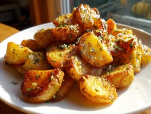 A close-up of golden roasted garlic butter potatoes, glistening with butter and sprinkled with parsley, served on a white plate.