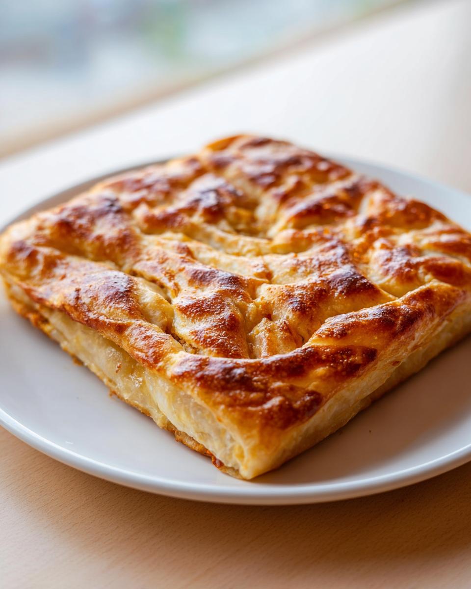 A square, golden-brown, flaky Moroccan chicken msmen pastry served on a white plate.