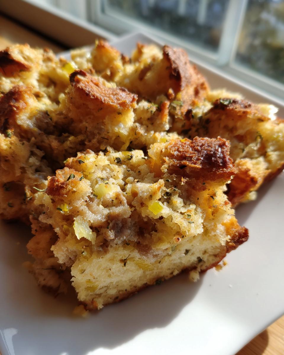 Close-up of golden brown, baked sausage stuffing pieces with visible herbs and celery on a white plate.