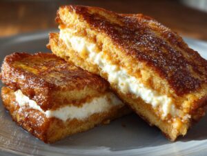 Two halves of golden brown stuffed french toast showing a thick layer of creamy white filling.