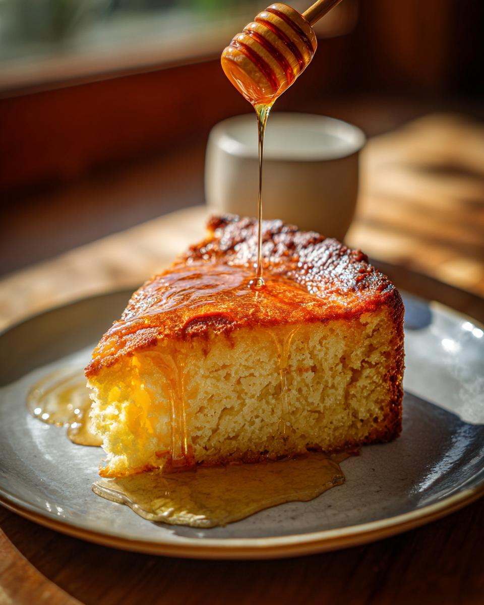 A slice of moist Greek yogurt cake with honey syrup being drizzled from a honey dipper.
