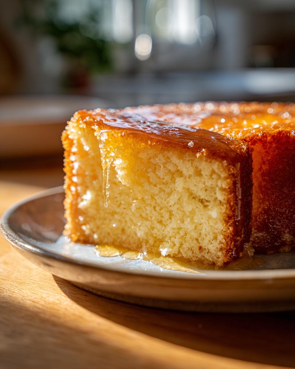 Close-up of a slice of Greek yogurt cake with honey syrup dripping down the sides, served on a plate.