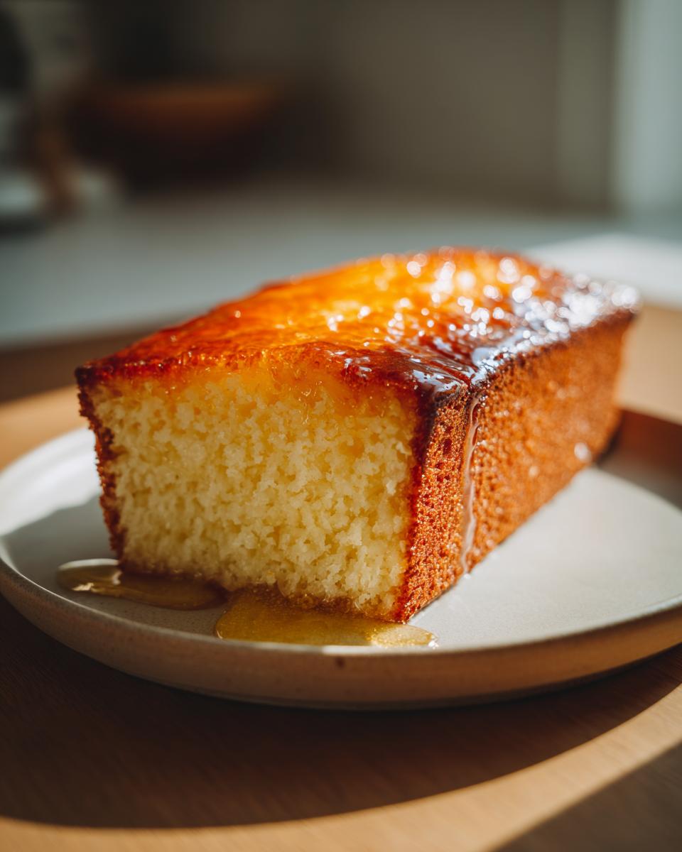 A slice of moist Greek yogurt cake with honey syrup drizzled generously over the top.