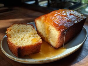 A slice of moist Greek yogurt cake with honey syrup, glistening and ready to be served.