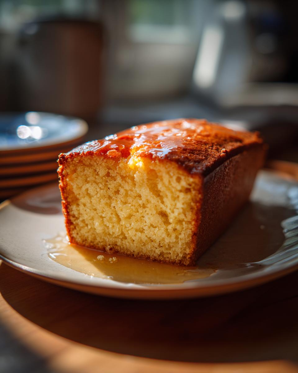 A slice of moist Greek yogurt cake with honey syrup, glistening and ready to be served.