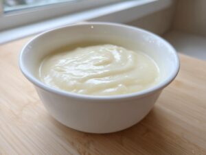 A close-up of thick, creamy high protein cream of potato soup served in a white bowl on a wooden surface.