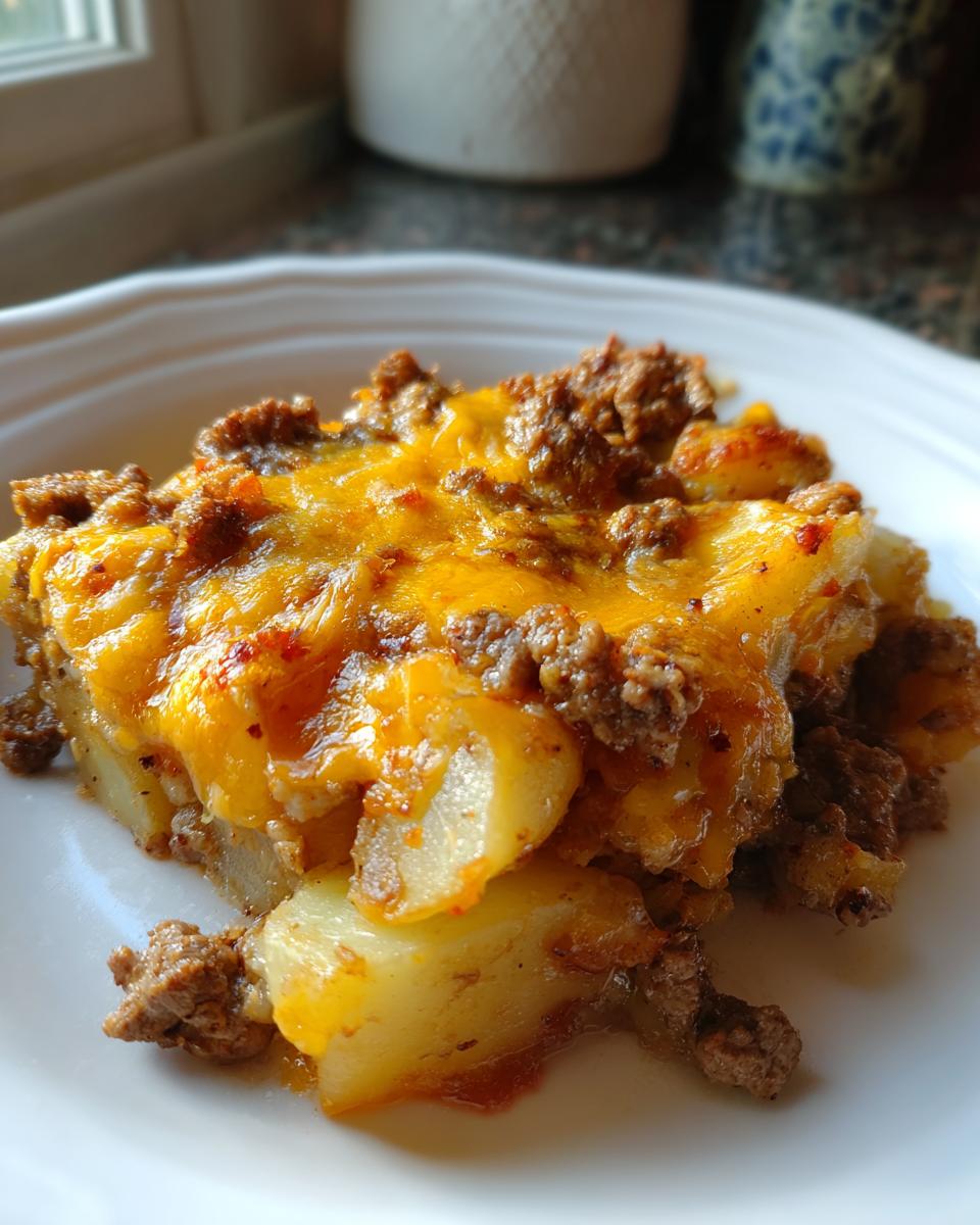 A delicious slice of Hobo Casserole featuring layers of potatoes, seasoned ground beef, and melted cheddar cheese.