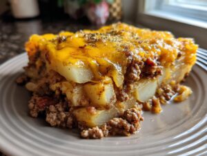 A close-up of a hearty slice of Hobo Casserole on a plate, featuring layers of potatoes, seasoned ground beef, and melted cheddar cheese.