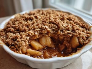 Close-up of a bubbling, freshly baked apple crisp with a thick, crunchy oat topping in a white ramekin.
