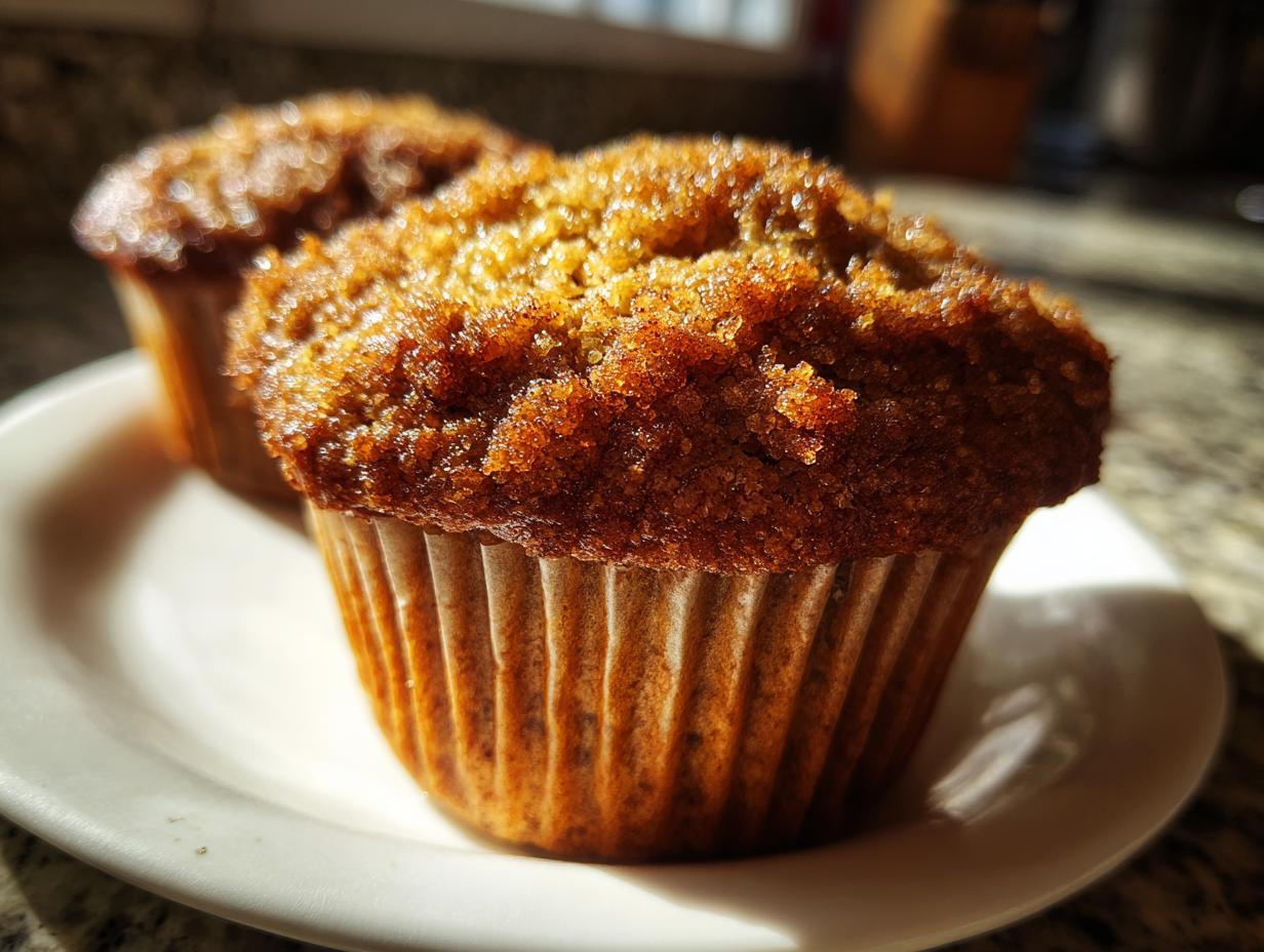 Close-up of two golden brown honey bran muffins on a white plate, with sunlight highlighting their textured tops.