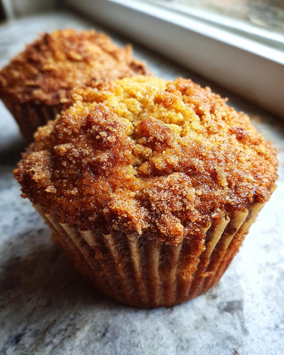 Close-up of two freshly baked honey bran muffins with a golden-brown crumble topping.