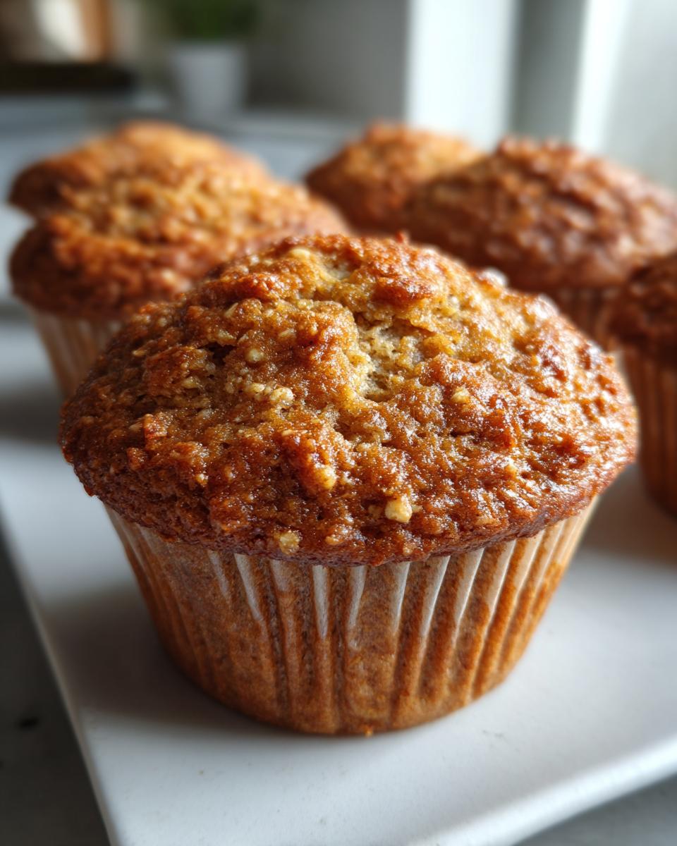 Close-up of a delicious honey bran muffin with a golden-brown, textured top, in a white paper liner.